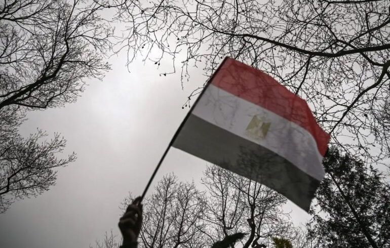 An Egyptian dissident waves his country's flag during a protest outside the Egyptian consulate in Istanbul in 2019 (AFP)
