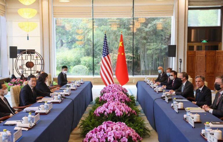 US Secretary of State Antony Blinken (2nd R) and China's Foreign Minister Qin Gang (2nd L) meet at the Diaoyutai State Guesthouse in Beijing on June 18, 2023. (Photo by LEAH MILLIS / POOL / AFP)