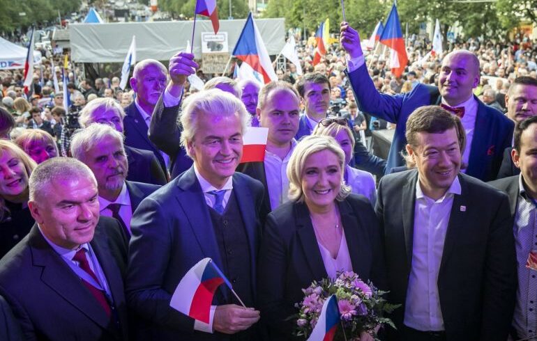 PRAGUE, CZECH REPUBLIC - APRIL 25: Leader of French National Rally party (RN) Marine Le Pen (3rd, R), leader of Czech Freedom and Direct Democracy party (SPD) Tomio Okamura (2nd, R),  leader of Dutch Party for Freedom (PVV) Geert Wilders (2nd, L) and leader of Bulgarian 'Volya' party Veselin Mareshki (L) during a meeting of populist far-right party leaders in Wenceslas Square on April 25, 2019 in Prague, Czech Republic. The Czech Freedom and Direct Democracy party (SPD), a member party of The Movement for a Europe of Nations and Freedom in the European Parliament, is set to officially launch its EU election campaign ahead of next month’s European elections.  (Photo by Gabriel Kuchta/Getty Images)
