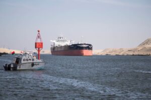 epa08003783 Crude Oil Tanker SALAMINA sails through the Suez Canal in Ismailia, Egypt, 17 November 2019, as Egypt marks the 150th anniversary of the Canal's opening to international navigation. According to the Suez Canal Authority figures, 1.3 million vessels have transited the waterway since its inauguration on 17 November 1869, generating revenues amounting to 135.9 billion US dollars. EPA-EFE/MOHAMED HOSSAM